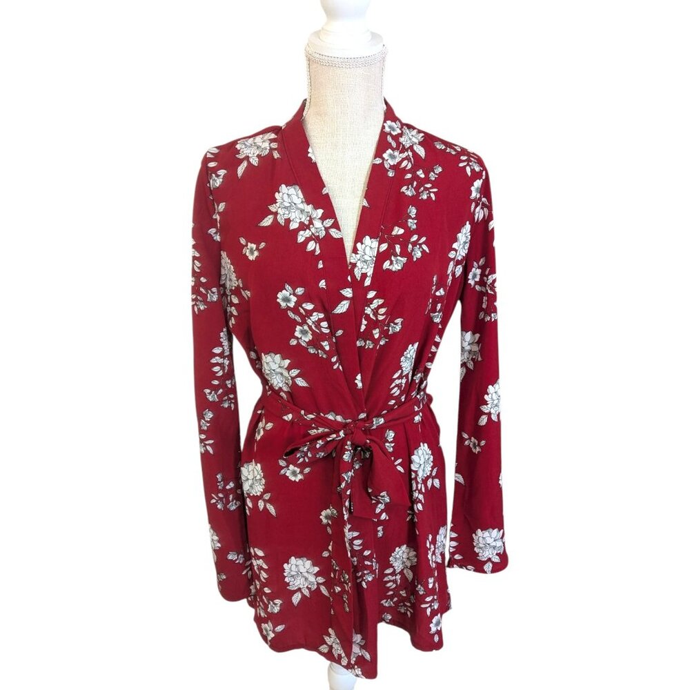 Guess Red Floral Semi-Sheer Belted Kimono Top